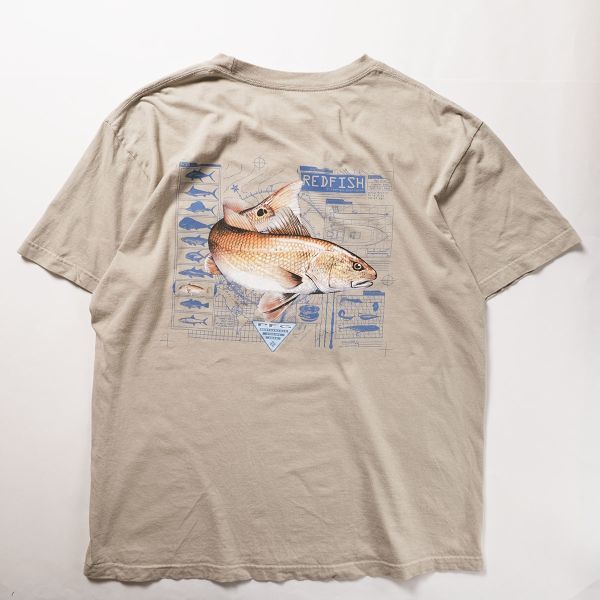 00's コロンビア PFG フィッシュプリント コットン ポケット Tシャツ (L) カーキ系 フィッシング 魚柄 00年代 旧タグ オールド Columbia_画像2