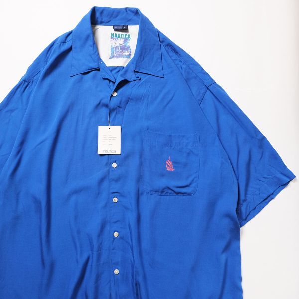 デッドストック 90's ノーティカ NAUTICA オープンカラー レーヨンシャツ (XL) 青 ボックスシャツ 90年代 オールド 旧タグ ビッグサイズ