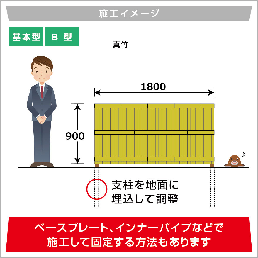 人工竹垣組立セット 建仁寺垣B型 本体イエロー色 ブロンズ色角柱 H(高さ)900mm 片面 柱隠しタイプ 竹垣フェンス 送料無料 格安_画像9