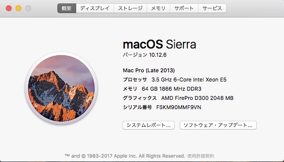 Mac Pro 2013 3.5GHz 6 コア メモリ64GB SSD 500GB OS 10.12.6 Sierra
