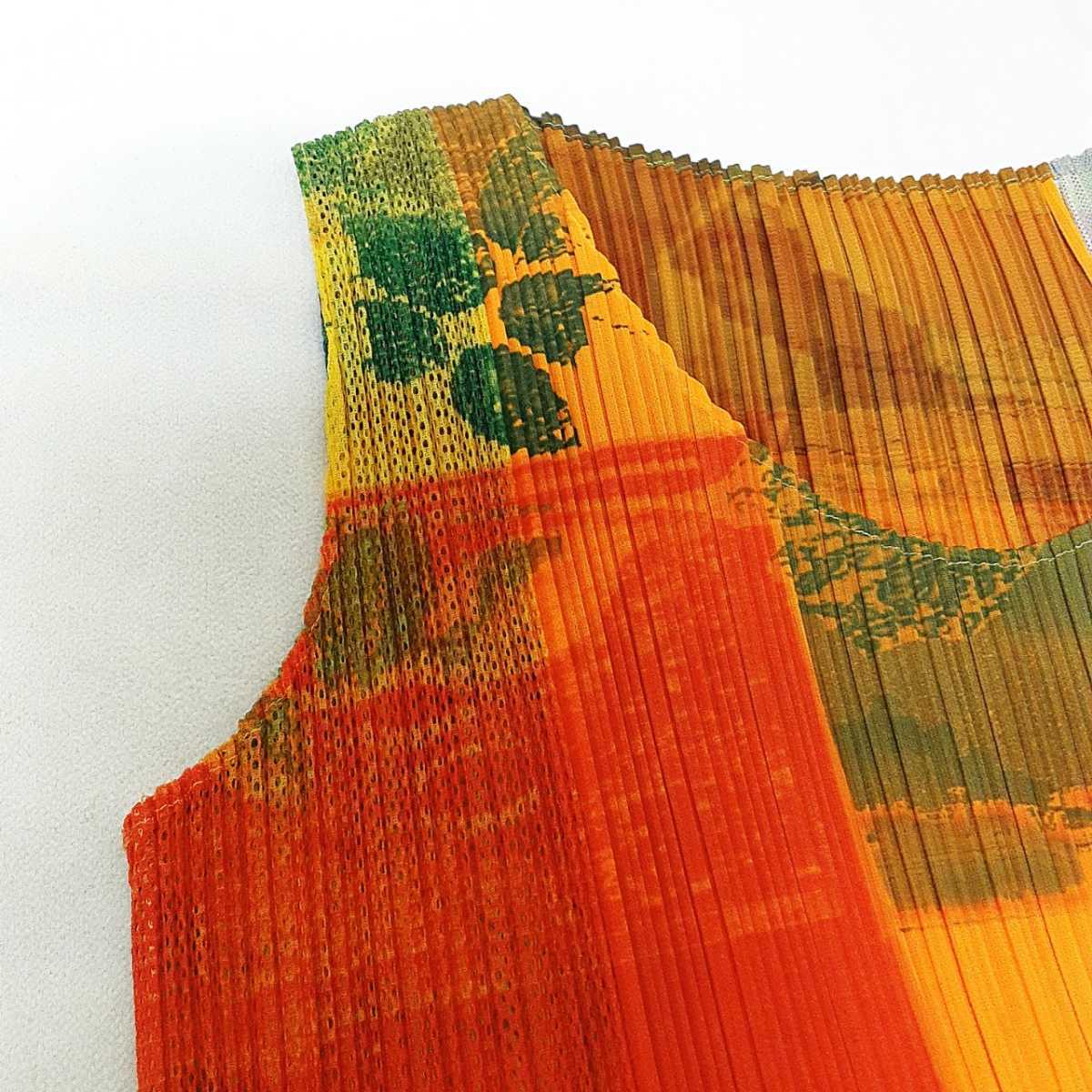 PLEATS PLEASE イッセイミヤケ チュニック ワンピース 3 総柄 マルチカラー スリット オレンジ プリント プリーツ プリーズ ノースリーブ l