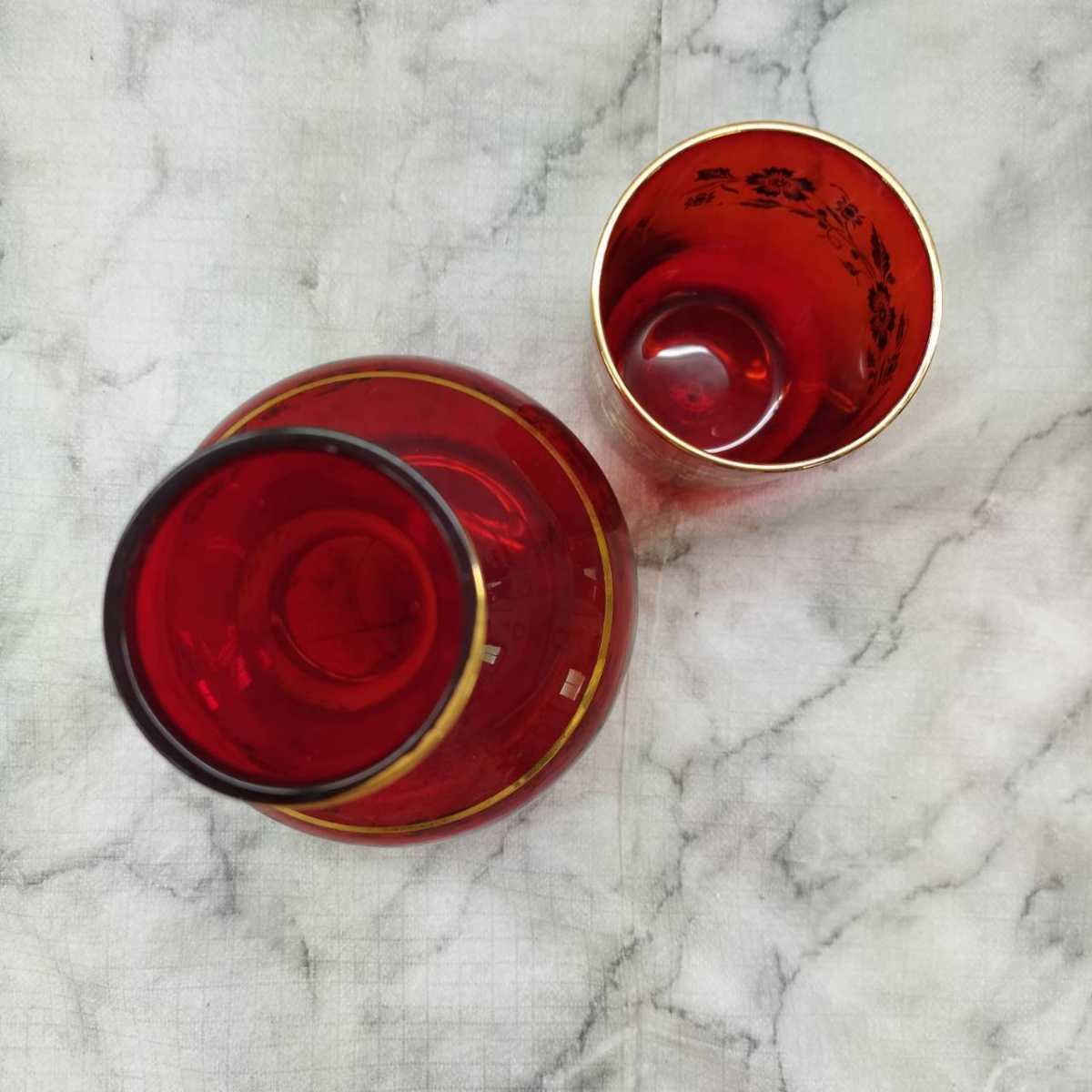 ベネチアングラス?? デカンタ カラフェ 酒器 コップ カップ 食器 赤 昭和レトロ デキャンタ AR3の画像3