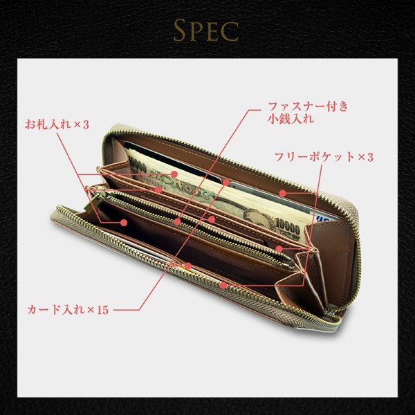 F5【アウトレット】本革 長財布 グラデーション ラウンドファスナー(レッド) メンズ ロングウォレット 牛革 お札入れ 小銭入れ付き◆訳アリ_画像3