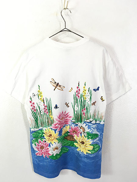  lady's old clothes 90-00s lotus. flower butterfly . dragonfly turtle nature scenery paint art print T-shirt M old clothes 