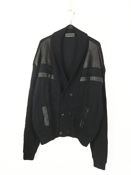 当季大流行 × レザー パッチワーク 本革 SAXONY 90s 古着 クレイジー 古着 XL 黒 カーディガン ニット カーディガン 当季大流行 × レザー パッチワーク 本革 SAXONY 90s 古着 クレイジー 古着 XL 黒 カーディガン ニット カーディガン