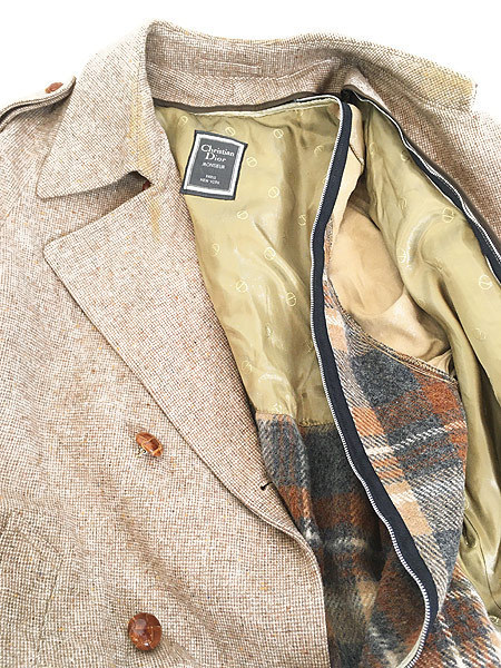 古着 70s Christian Dior ツイード調 ウール ダブルブレスト トレンチ