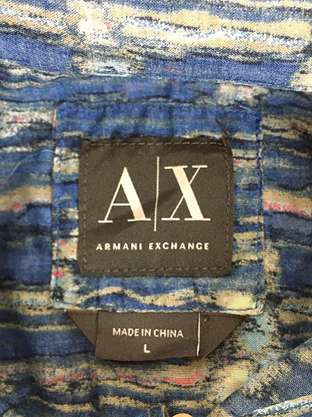 古着 ARMANI EXCHANGE 水彩 アート ストライプ コットン ガーゼ シャツ L 古着_画像6