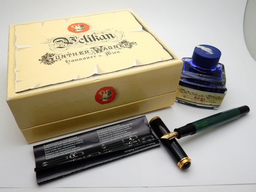 1000円スタート 万年筆 Pelikan ペリカン スーベレーン グリーン ストライプ ペン先 14C-585 付属品有 筆記用具 文房具 K10023