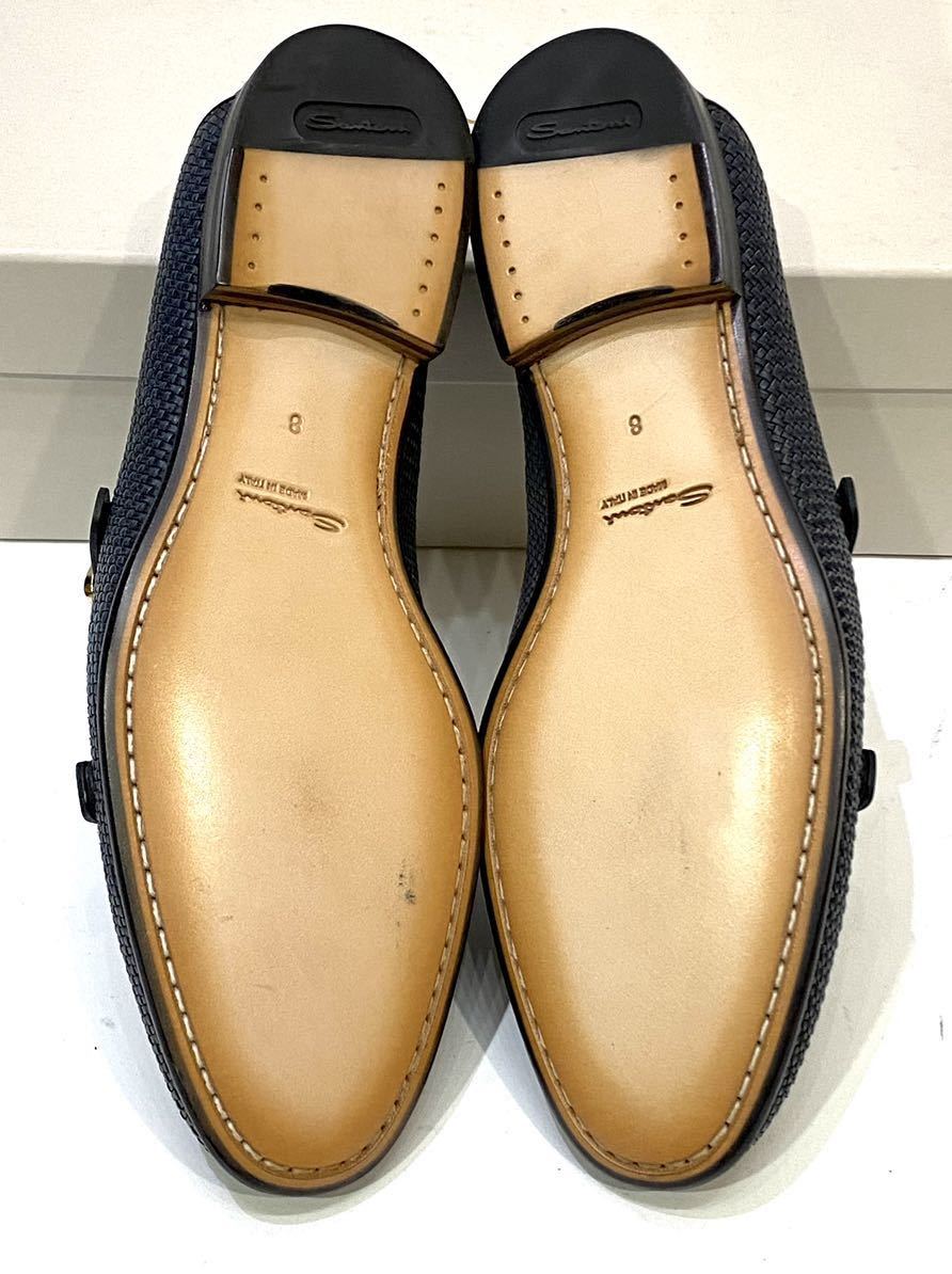 未使用 SANTONI 16078 編み込みレザー ダブルモンクストラップレザーシューズ サントーニ ドレス ローファー スリッポン ネイビー 8 JA-E_画像9