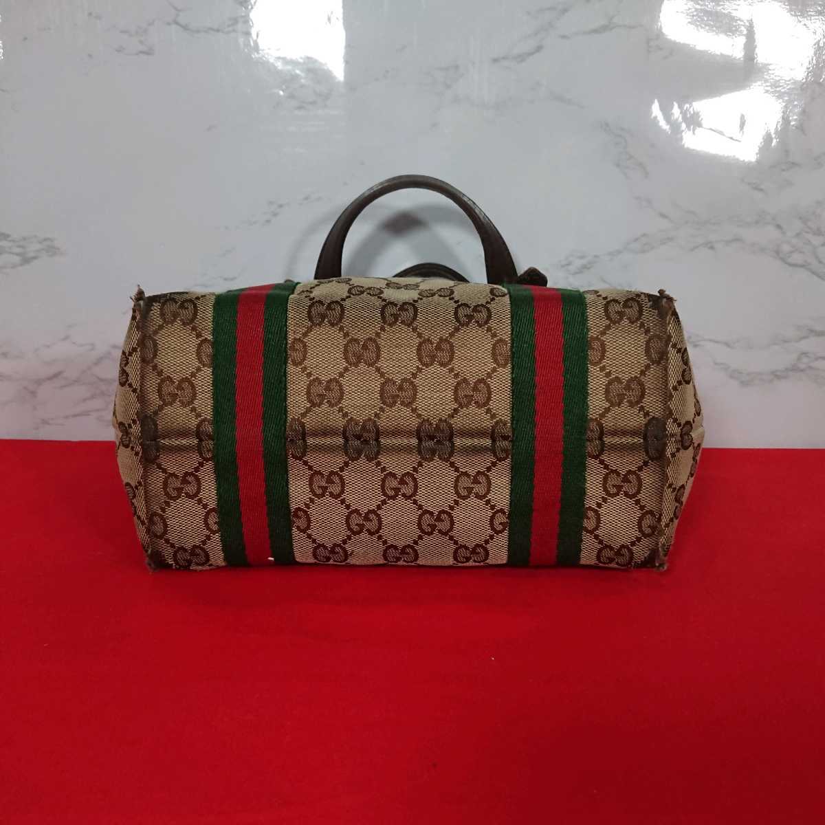 GUCCI グッチ シェリーライン ミニ トートバッグ チャーム GG キャンバス レザー ハンドバッグ ブラウン