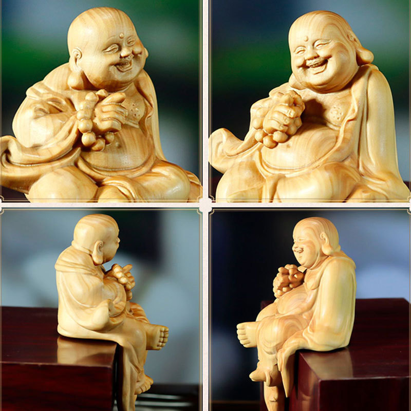 MM-HB06158 柘植の木製の置物 立体的な弥勒菩薩の木像 彫刻工芸