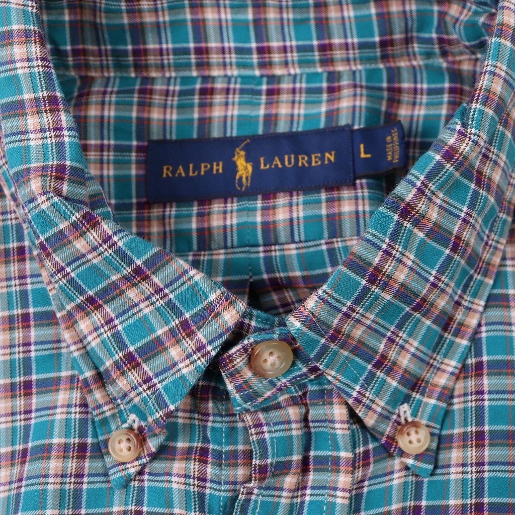 ラルフローレン L 緑 チェック ボタンダウン 長袖 シャツ Polo Ralph Lauren ポロ メンズ 古着 中古 lsh180_画像6