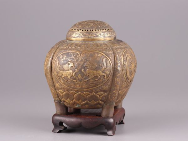 中国古玩 唐物 戦国時代 銅製 鍍金 香炉 古作 時代物 極上品 初だし品 4187_画像3