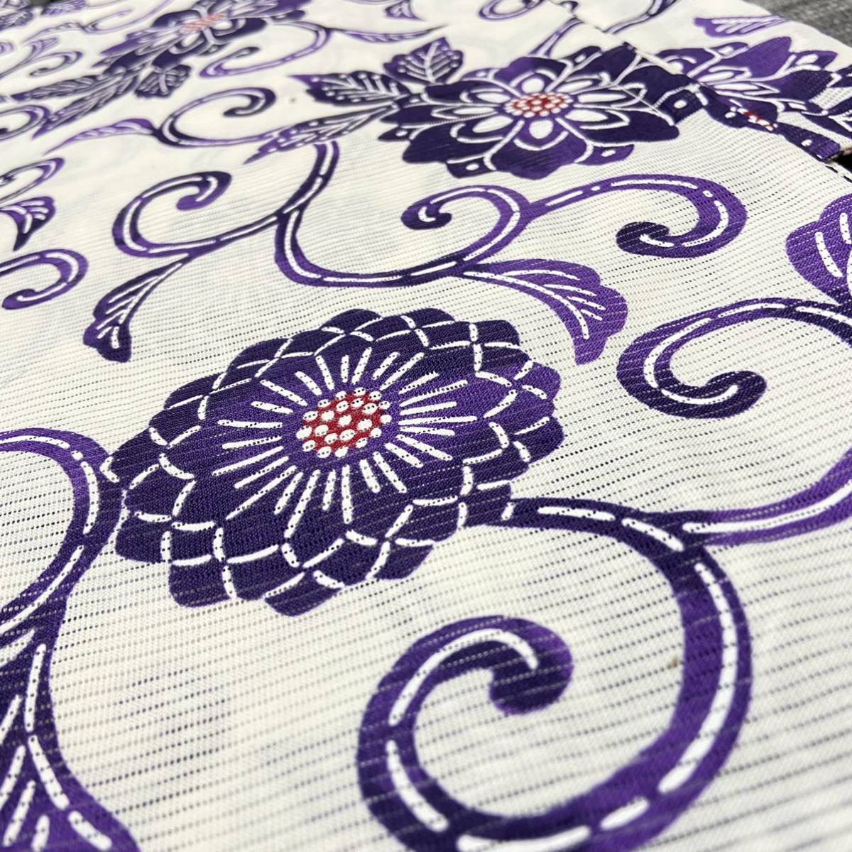 風の雅 浴衣 黄ラベル 生成りに紫の花柄　透け感　綿絽 単品 レディース