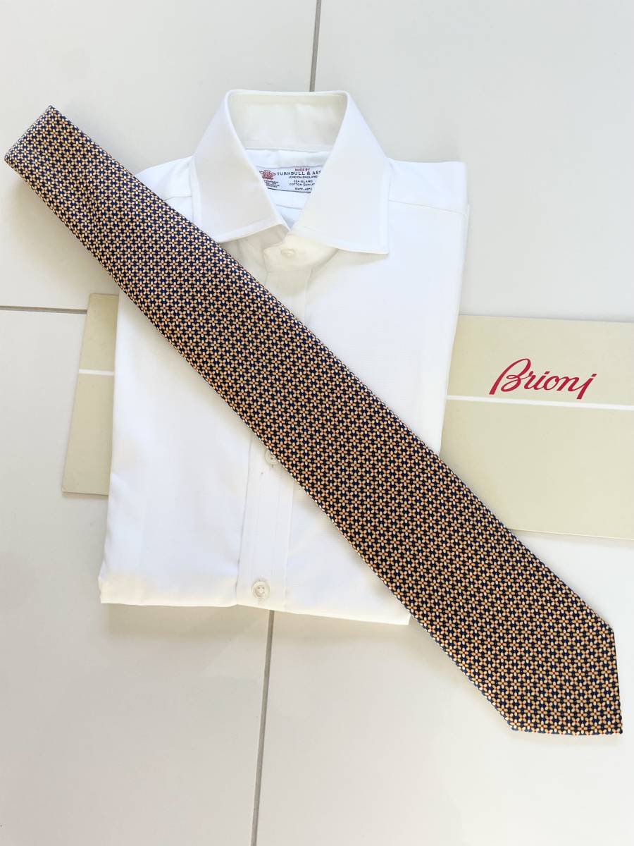 ■ 新品 Brioni ブリオーニ 定価 3万3,000円 永久定番 ネイビー×シャンパンゴールド シルク タイ ネクタイ スーツ 44 46 マリネッラ kiton