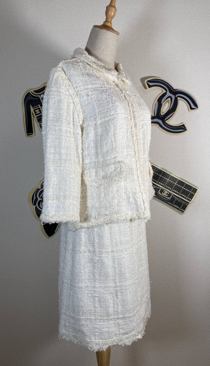*07C Chanel CHANEL оттенок белого мягкий костюм 7 минут рукав жакет юбка 40