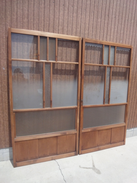 Q-670 昭和レトロ時代ビンテージ建具ガラス引き戸2枚組古民家和室建具