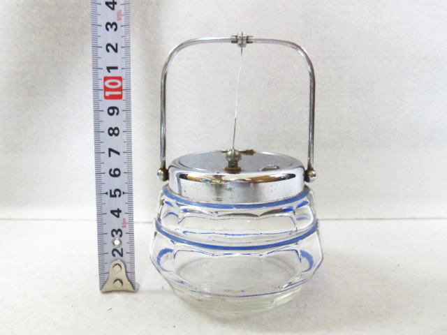 [ Showa Retro glass made sugar pot blue width .] sugar inserting / blue. line { inspection : coffee shop / coffee / black tea }