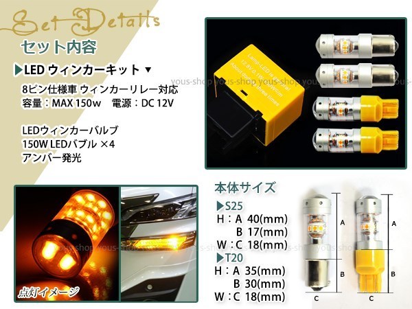 RZH KZH100系 ハイエース後期S25/T20LED ウィンカー 150W ICリレー ウェッジ球 ウインカー 12V/24V 車検対応 シングル球 8ピン_画像2