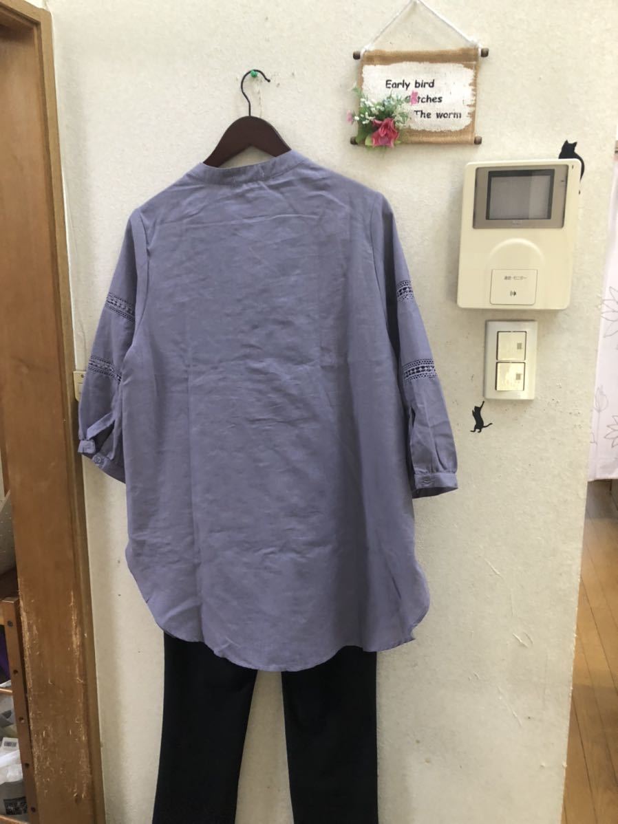 PayPayフリマ｜LL新品薄紫機能付きリネン混レース使いシャツチュニック