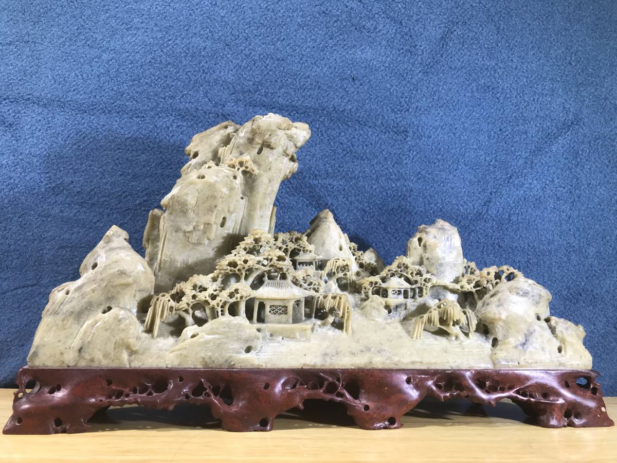 寿山石置物 中国美術 山水楼閣極上細密彫刻 唐物 置物 蝋石彫刻 直接