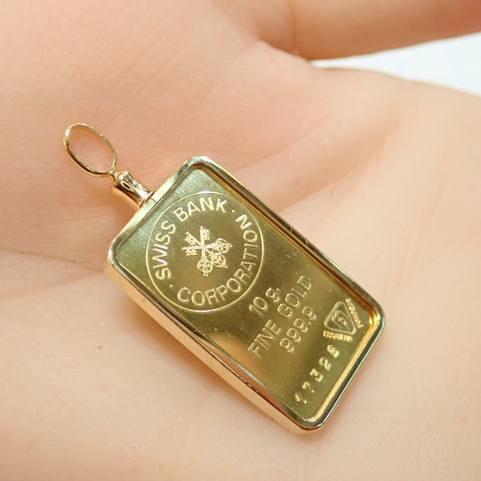 安い割引 □純金製 スイス銀行□10g BANK K18□SWISS 999.9 K24 ペンダントトップ、チャーム