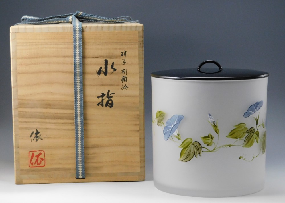 平井依『硝子朝顔絵 水指』茶道具 ギヤマン ガラス 水指 朝顔 共箱 使用感なし 真作保証【鳳凰堂】