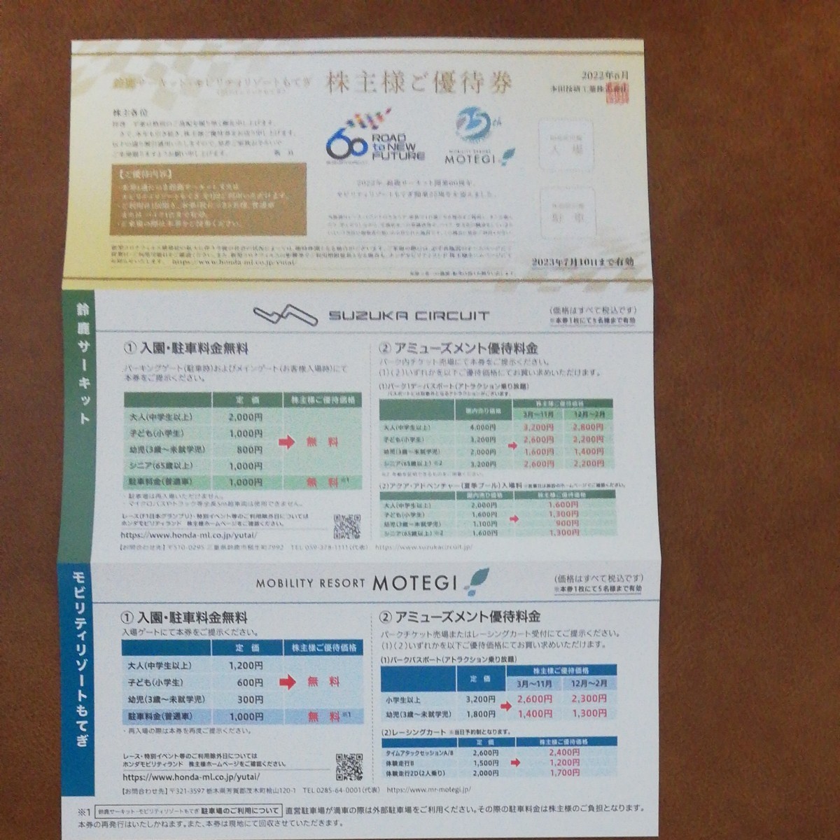 鈴鹿サーキット ツインリンクもてぎ 入館券 ホンダ株主優待 駐車券