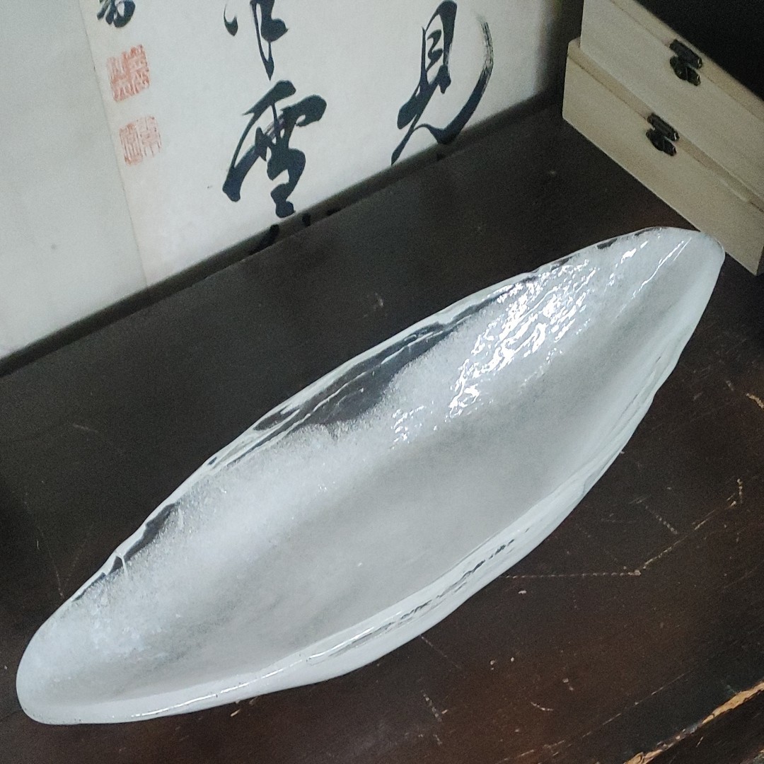 ガラス細工　楕円　舟　気泡皿　最大46cm　骨董品　美品
