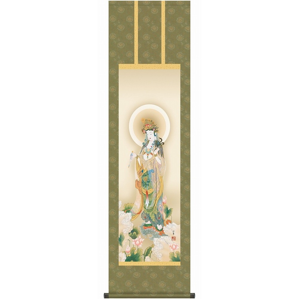 ★◎大森宗華『蓮上観音（尺三立）』高精彩工芸画 掛軸 掛け軸 新品 静物画 花鳥 蓮 仏事 お盆 彼岸 命日 供養【SAK-ME1-K114】