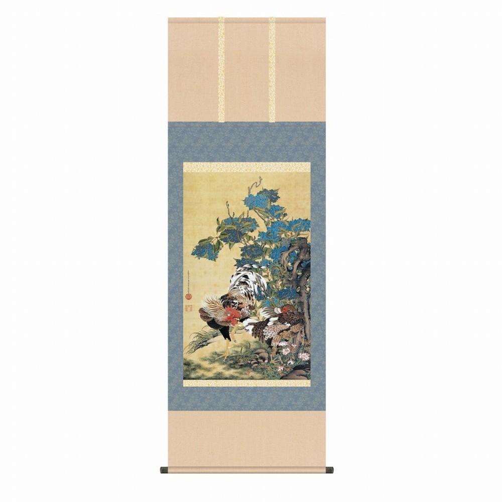 ★◎伊藤若冲『紫陽花双鶏図（尺五）』高精彩工芸画 掛軸 掛け軸 新品 桐尺五 動物画 あじさい 鶏 ニワトリ 鳥 【SAK-KZ2G9-034】