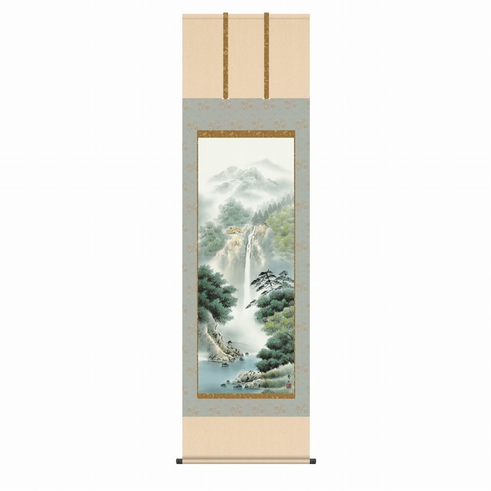 ★◎鈴村秀山『幽山渓谷（尺五立）』高精彩工芸画 掛軸 掛け軸 新品 桐風景画 山岳 森林 河川 彩色山水【SAK-KZ2B1-N049】