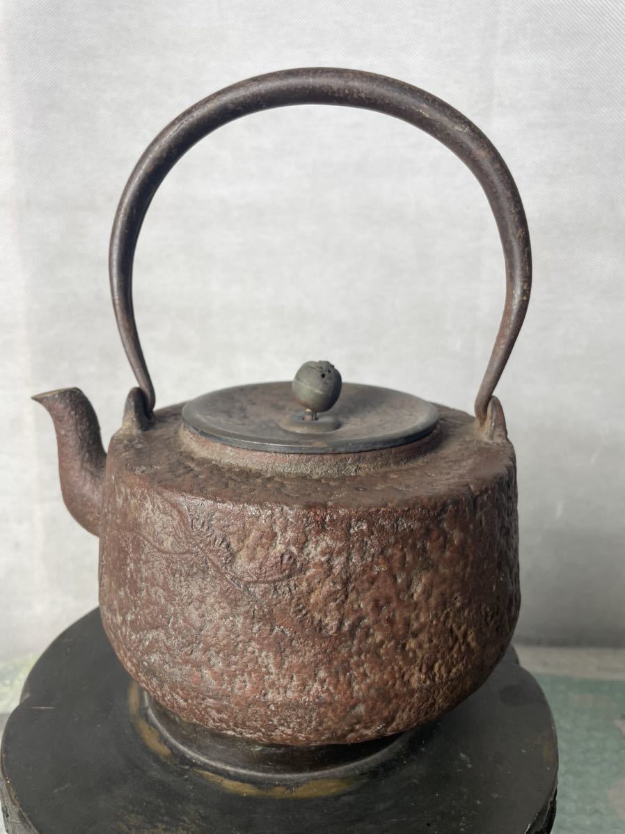 鉄瓶 在銘 銅蓋 万龍堂 梅漢詩図 煎茶道具 湯沸 骨董 茶道具 現状漏れ