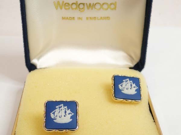 ●本物 綺麗 WEDGWOOD ウェッジウッド 帆船柄 ゴールド×ネイビー カフス