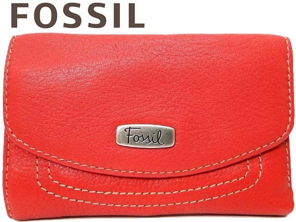 ●本物 超美品 FOSSIL フォッシル レザー 三つ折り財布 レッド 赤_画像1