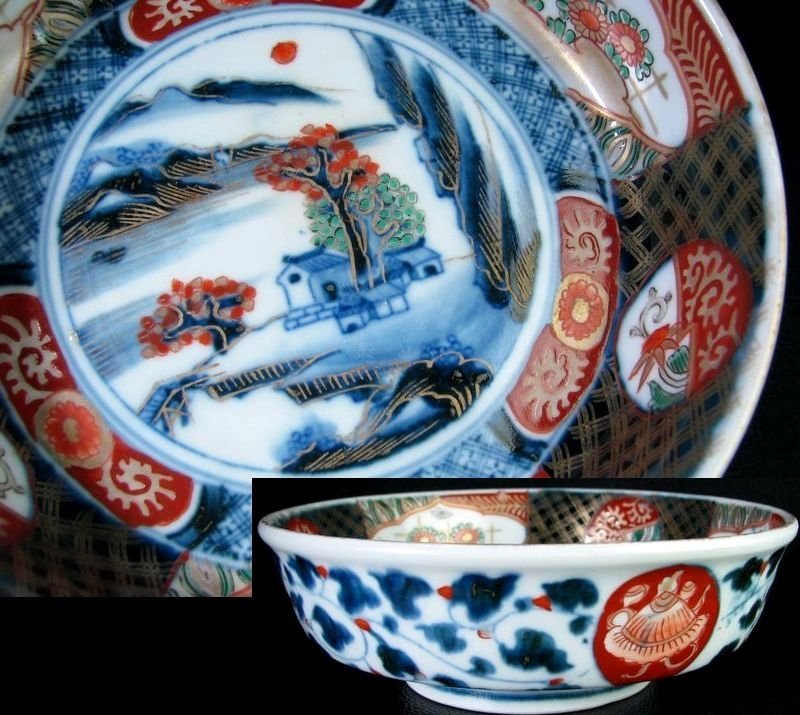 Внутри Kinrari Dyekin Nishiki/Kinya Sansui Plant Botan Bowl Three Set: End of Kakaku -Meiji/22F098