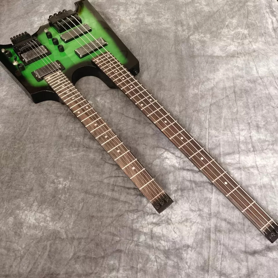 【新品・在庫処分】 ダブルネックヘッドレスエレクトリックギター Gem Green Flamed Maple 6弦ギター+ 4弦ベース 2439_画像3