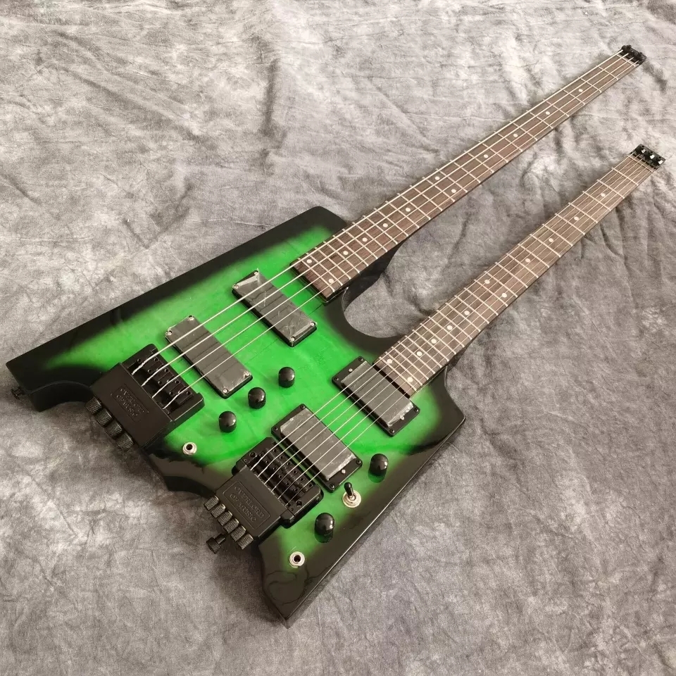 【新品・在庫処分】 ダブルネックヘッドレスエレクトリックギター Gem Green Flamed Maple 6弦ギター+ 4弦ベース 2439