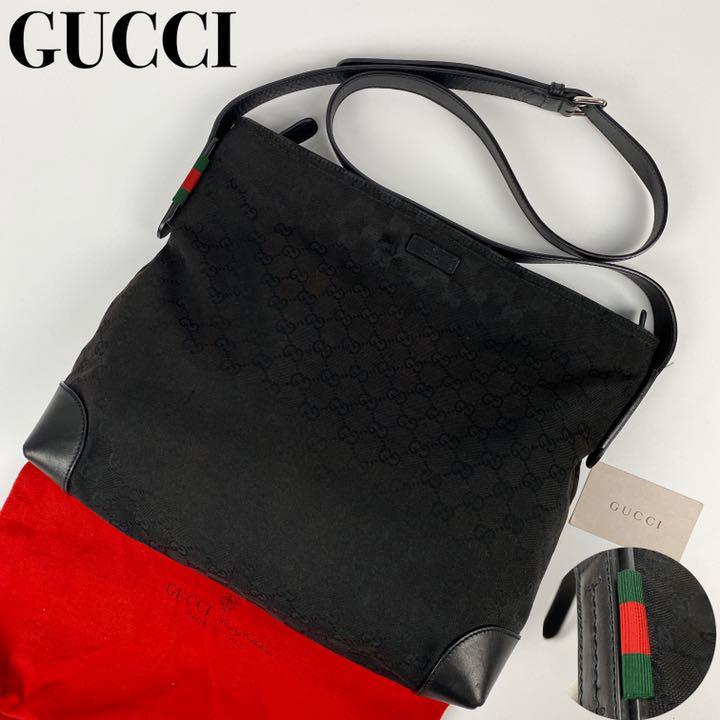 美品□GUCCI グッチ ショルダーバッグ GG柄 シェリーライン ブラック