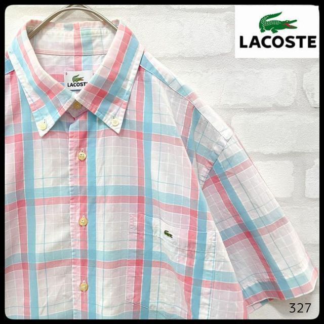 【大人気】LACOSTE 半袖 マルチカラー チェックシャツ メンズ 3=M相当 ホワイト ピンク 水色 クールビズ ラコステ