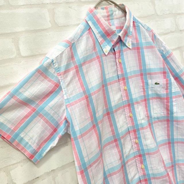 【大人気】LACOSTE 半袖 マルチカラー チェックシャツ メンズ 3=M相当 ホワイト ピンク 水色 クールビズ ラコステ