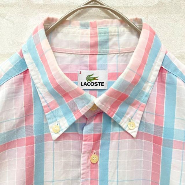 【大人気】LACOSTE 半袖 マルチカラー チェックシャツ メンズ 3=M相当 ホワイト ピンク 水色 クールビズ ラコステ