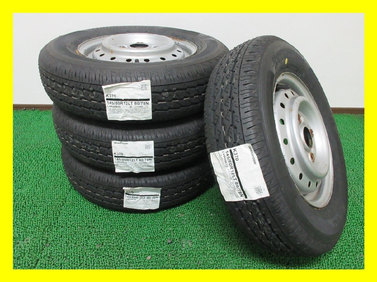 V941【送料無料】145/80R12 80/78 6PR ★ 新品 ★ ラベル付 ブリヂストン 夏タイヤ K370 21年 中古 ホイールセット 4本 軽トラック 軽バン_画像1