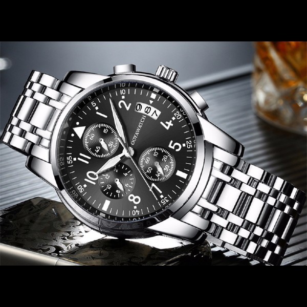 i51BK メンズ腕時計 ブラック クロノグラフ風 カレンダー付 アナログ クオーツ 新品 送料無料_画像2