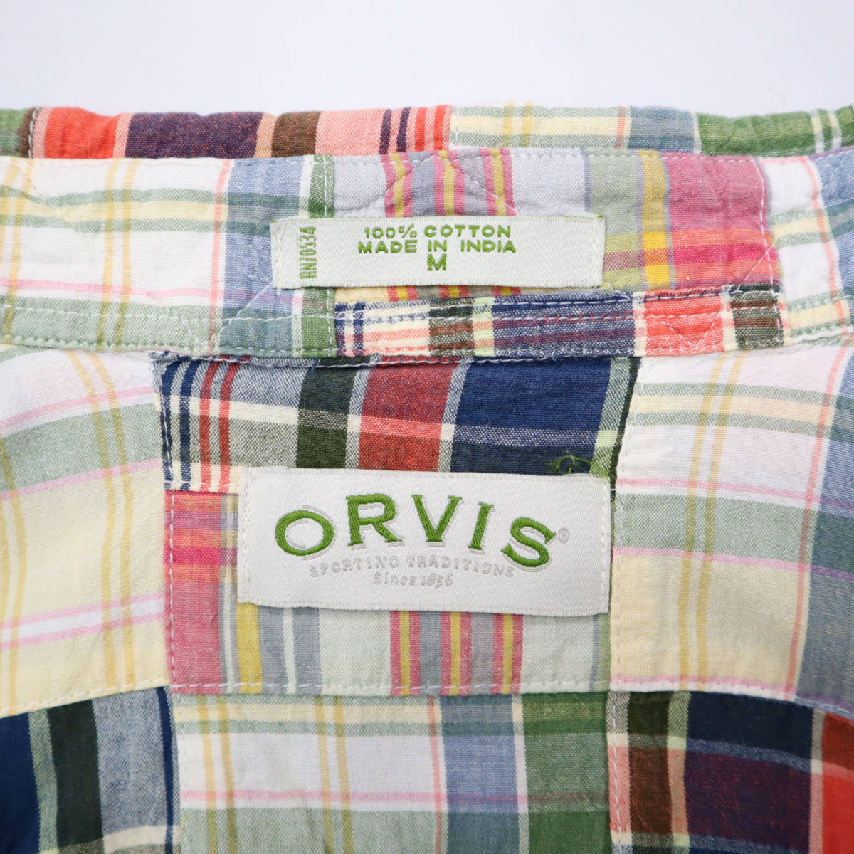 ☆送料無料☆ 90s ビンテージ ORVIS オービス パッチワーク ボタンダウン 半袖 シャツ インド綿 マドラスチェック メンズ M L 古着 90年代_画像4