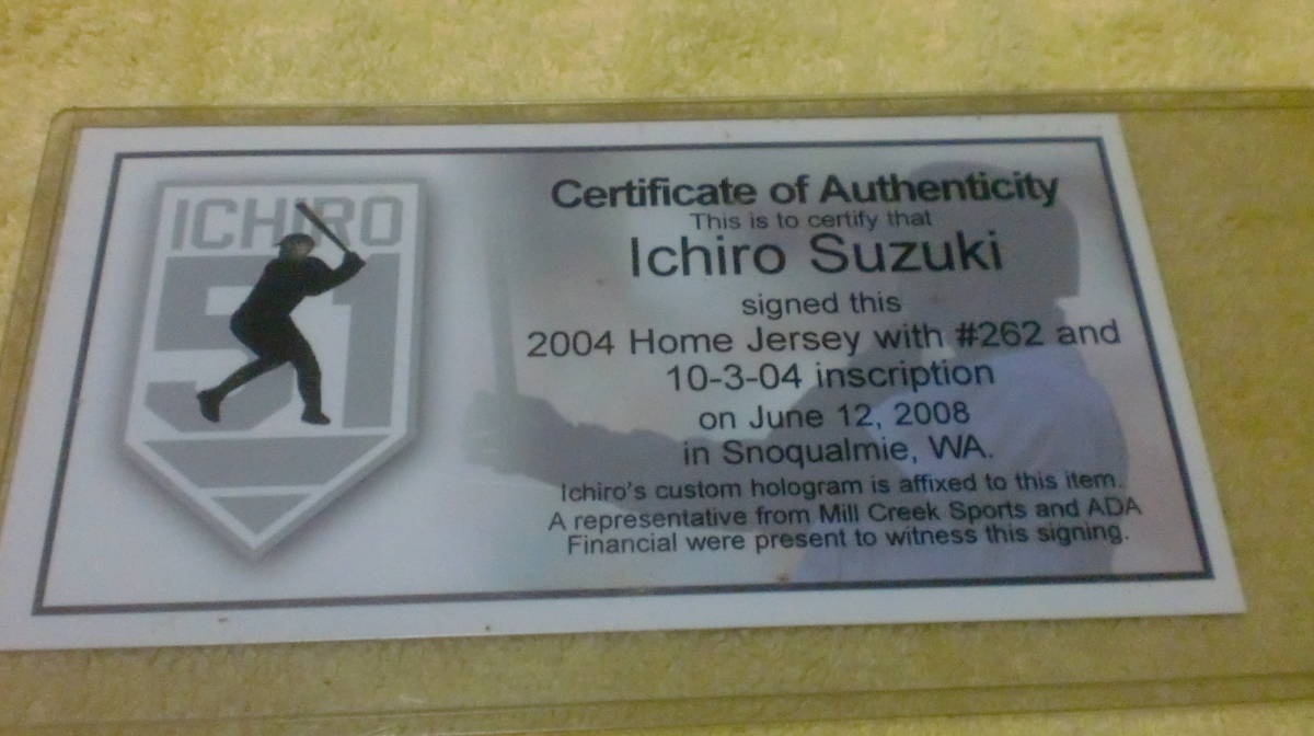 イチロー 2004年シーズン最多262安打達成記念直筆サイン入り イチロー 2004年シーズン最多262安打達成記念直筆サイン入り