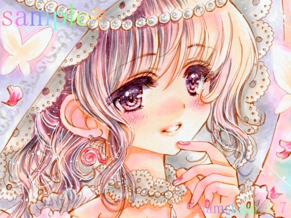 同人手描きイラスト☆東方Project☆西行寺幽々子(花嫁)☆色紙 同人手描きイラスト☆東方Project☆西行寺幽々子(花嫁)☆色紙