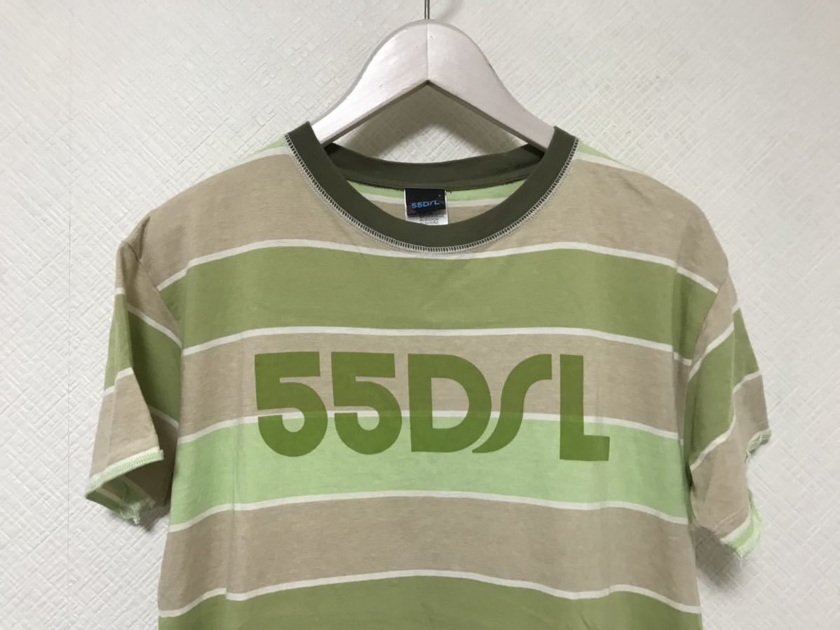 本物ディーゼルDIESEL55DSLコットンロゴプリントボーダー柄半袖Tシャツビジネススーツアメカジサーフデニムメンズグリーン緑S_画像2