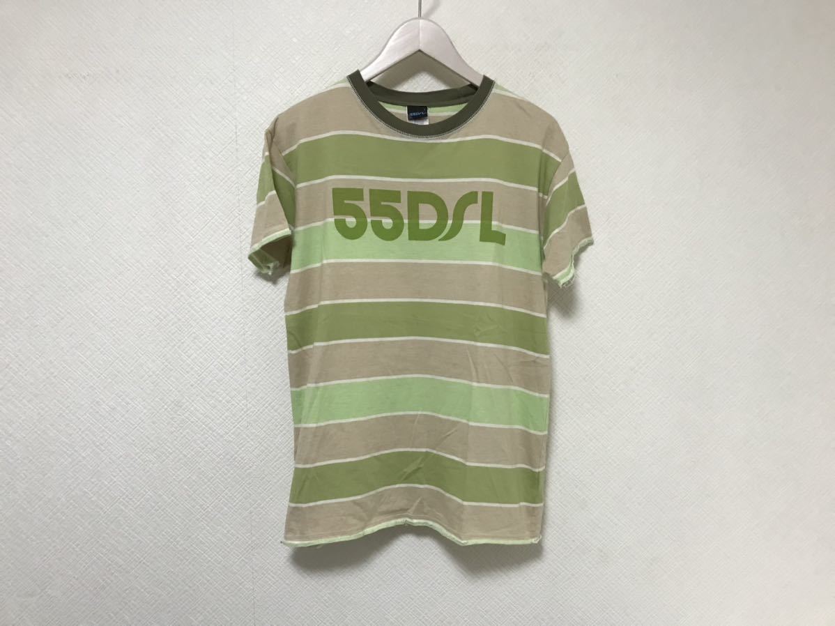 本物ディーゼルDIESEL55DSLコットンロゴプリントボーダー柄半袖Tシャツビジネススーツアメカジサーフデニムメンズグリーン緑S_画像1