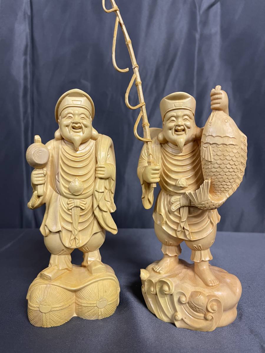 仏教工芸品 総柘植製 井波彫刻 極上彫 木彫仏像 福神 恵比寿大黒像一式